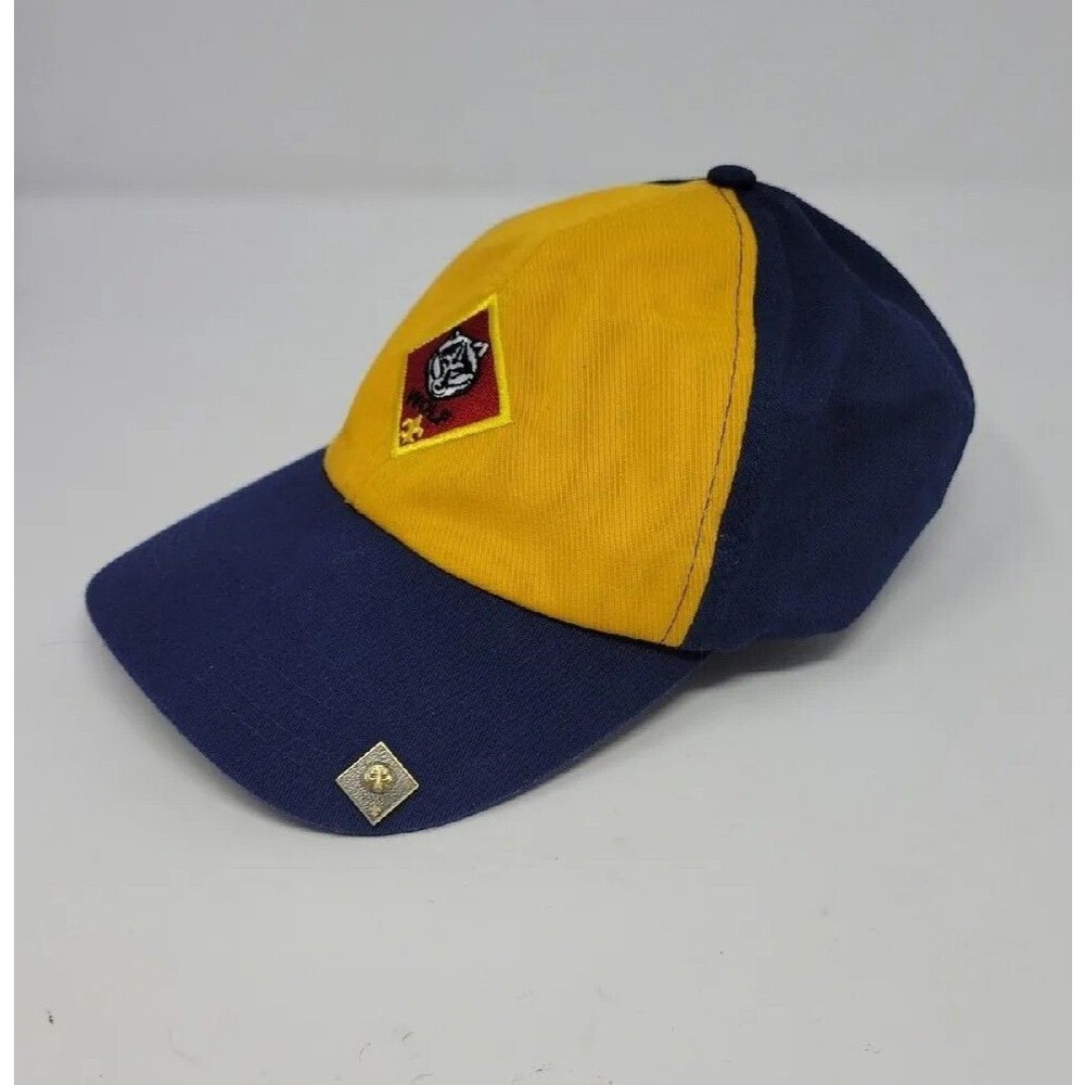 Wolf Cub Scout Hat Youth Boys Adjustable Sm/M Yellow Navy Baseball Cap w/ Pin